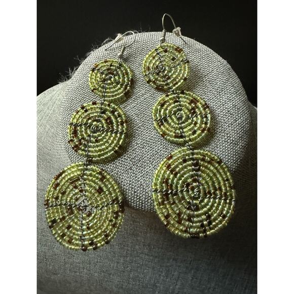 Glass Bead Rangle Drop Earrings Round Tiered Circles Green Boho Festival Artsy - Picture 2 of 4